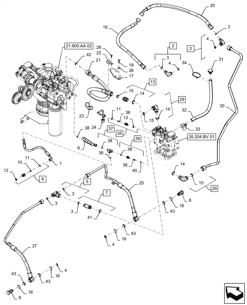 Схема запчастей Case IH MAGNUM 180 - (35.100.AR[03]) - CONTROL VALVE OIL SUPPLY LINES AND FITTINGS, HIGH FLOW - POWERSHIFT (35) - HYDRAULIC SYSTEMS