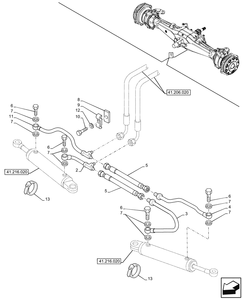 Схема запчастей Case IH JX95HC PLUS - (41.216.010) - STD + VAR - 391244 - 4WD FRONT AXLE, STEERING CYLINDER HYD. LINE (41) - STEERING