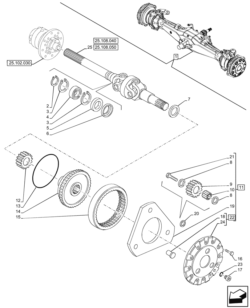 Схема запчастей Case IH JX95HC PLUS - (25.108.030) - STD + VAR - 391244 - 4WD FRONT AXLE, PLANETARY CARRIER SHAFT (25) - FRONT AXLE SYSTEM