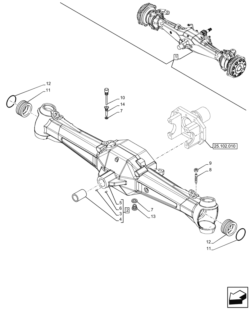 Схема запчастей Case IH JX95HC PLUS - (25.100.020) - STD + VAR - 391244 - 4WD FRONT AXLE, HOUSING (25) - FRONT AXLE SYSTEM