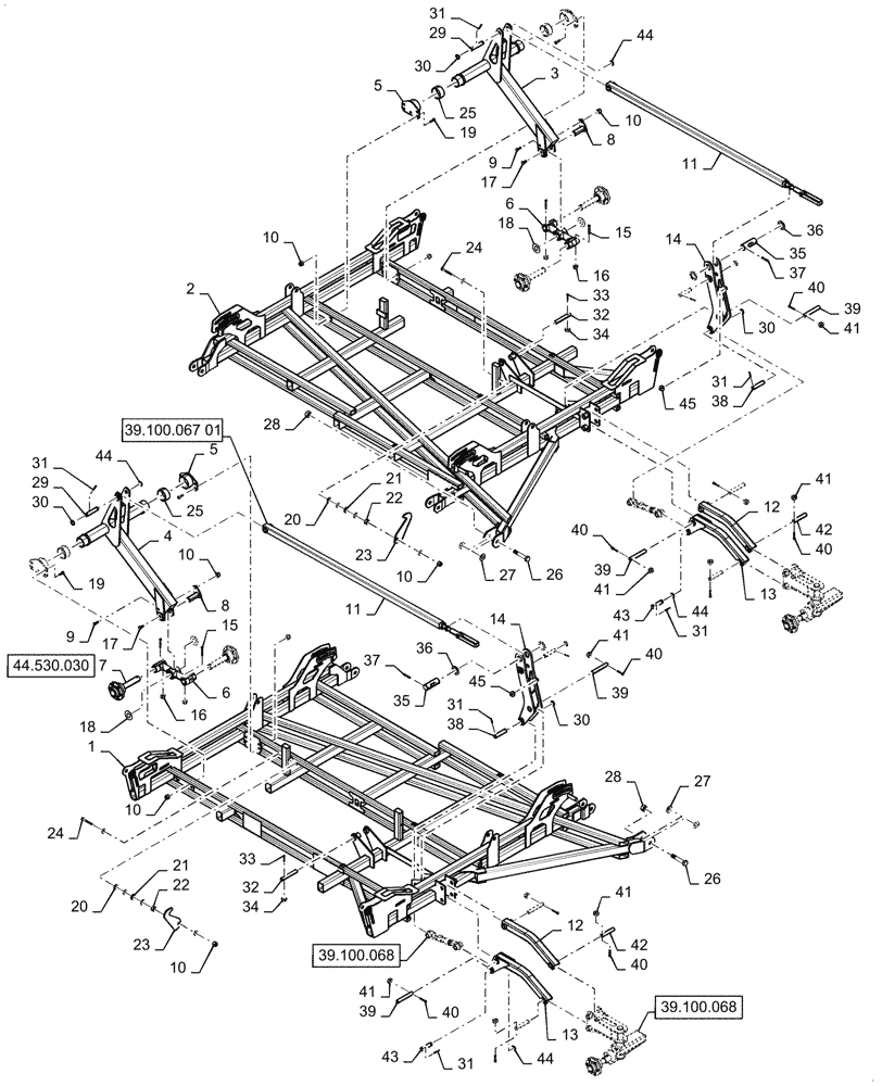 Схема запчастей Case IH TM255 - (39.100.069) - INNER WING DOUBLE FOLD 46,51 FOOT FLOATING HITCH (39) - FRAMES AND BALLASTING