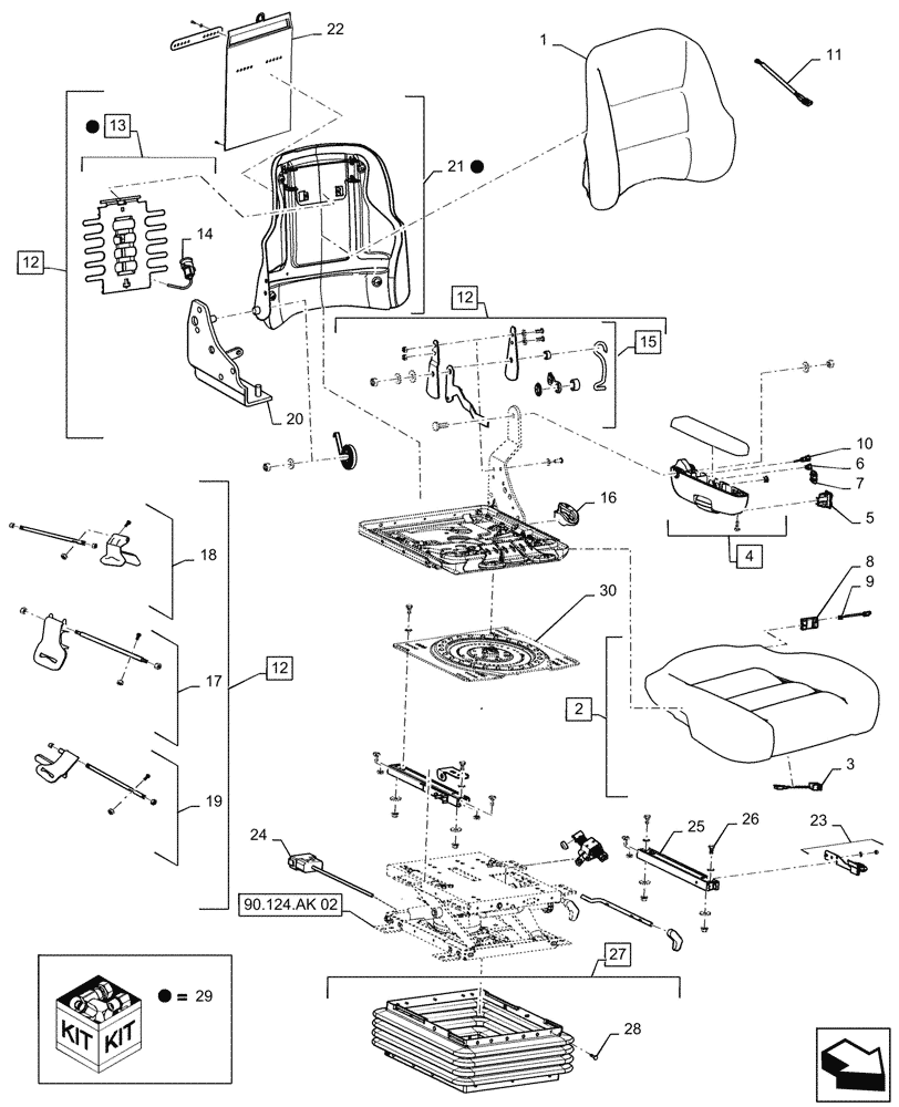 Схема запчастей Case IH MAGNUM 220 - (90.124.AH[02]) - VAR - 449059 - SEAT CUSHION & ARMREST, LUXURY HEATED-VENTILATED SEAT (90) - PLATFORM, CAB, BODYWORK AND DECALS