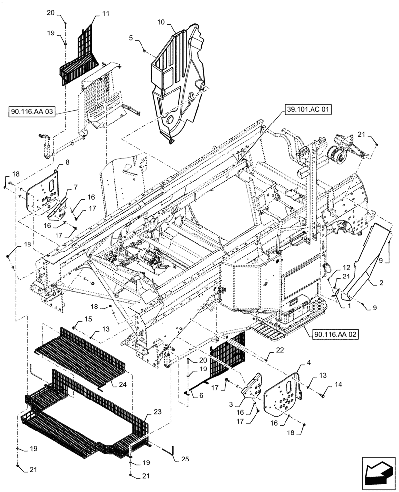 Схема запчастей Case IH 7240 - (90.116.AA[01]) - VAR - 425528, 425529, 425609, 425636, 425637, 425638 - SHIELD, LOWER (90) - PLATFORM, CAB, BODYWORK AND DECALS