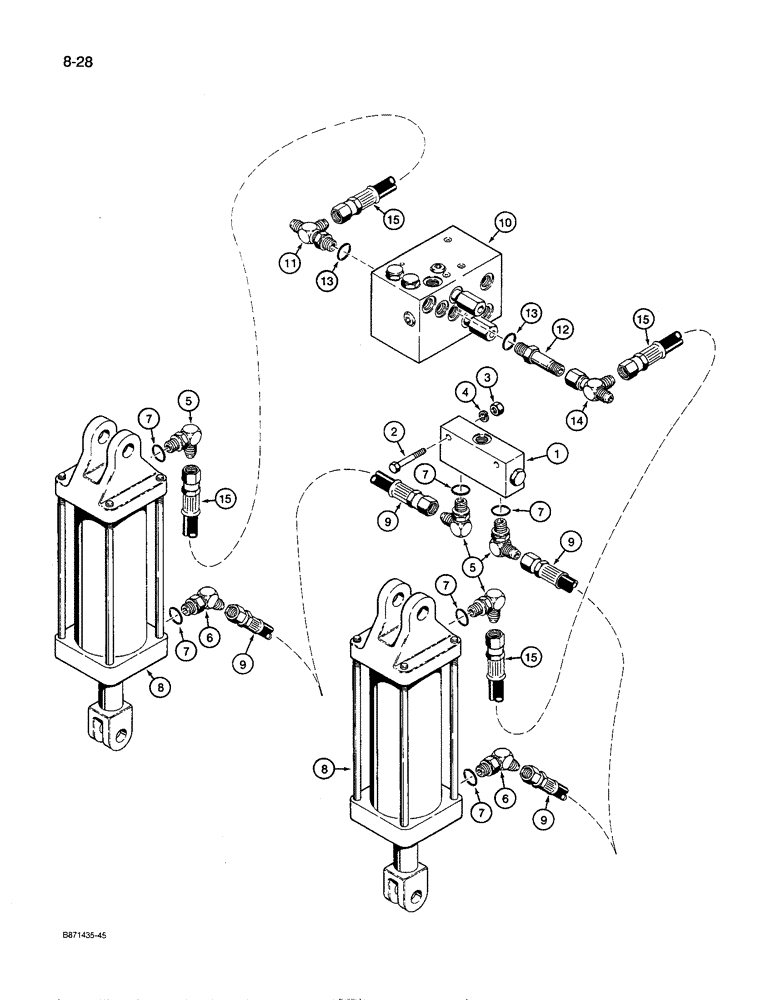 Схема запчастей Case IH 8600 - (8-28) - HYDRAULIC CONTROL LINES, TO WING FRAME DEPTH CONTROL CYLINDERS (08) - HYDRAULICS