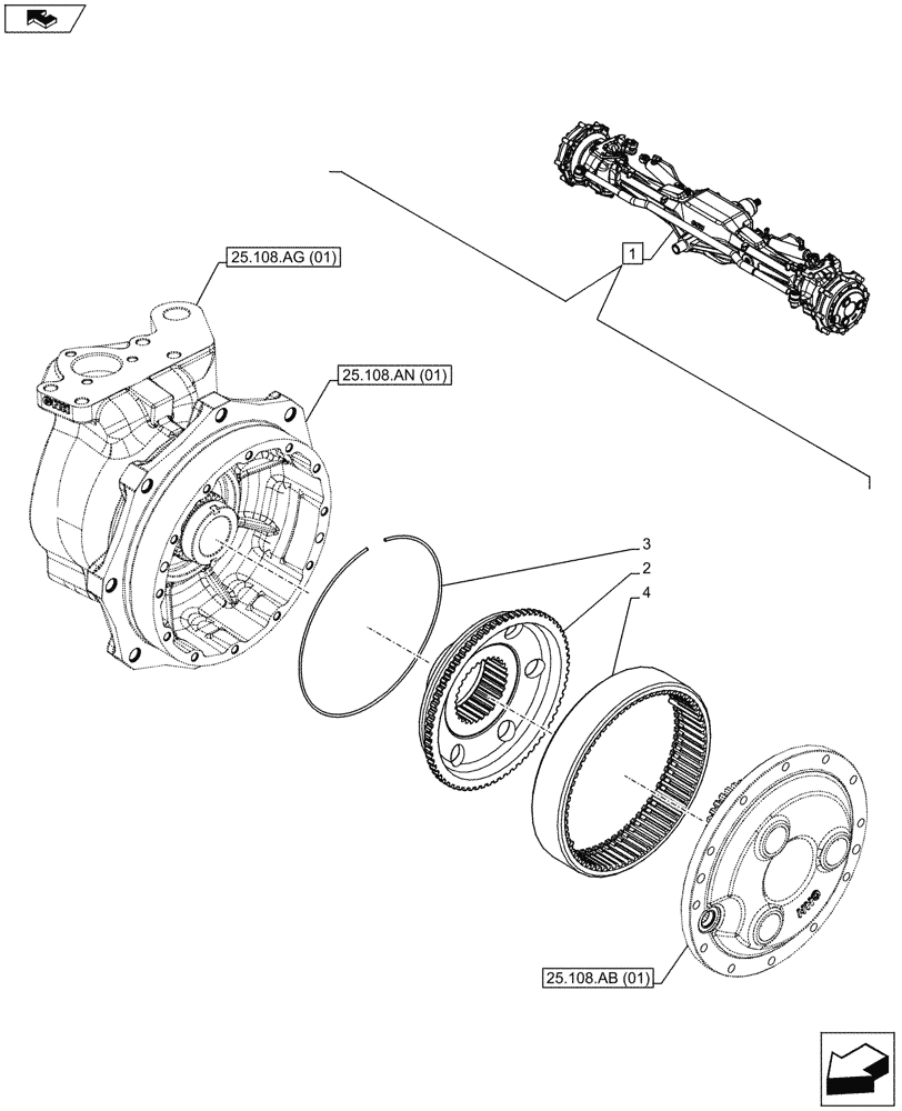 Схема запчастей Case IH MAXXUM 130 - (25.108.AB[02]) - VAR - 390409 - CLASS 3, FRONT AXLE, W/ HYDRAULIC DIFFERENTIAL LOCK, W/ STEERING SENSORS, STEERING KNUCKLE, PLANETARY REDUCER (25) - FRONT AXLE SYSTEM