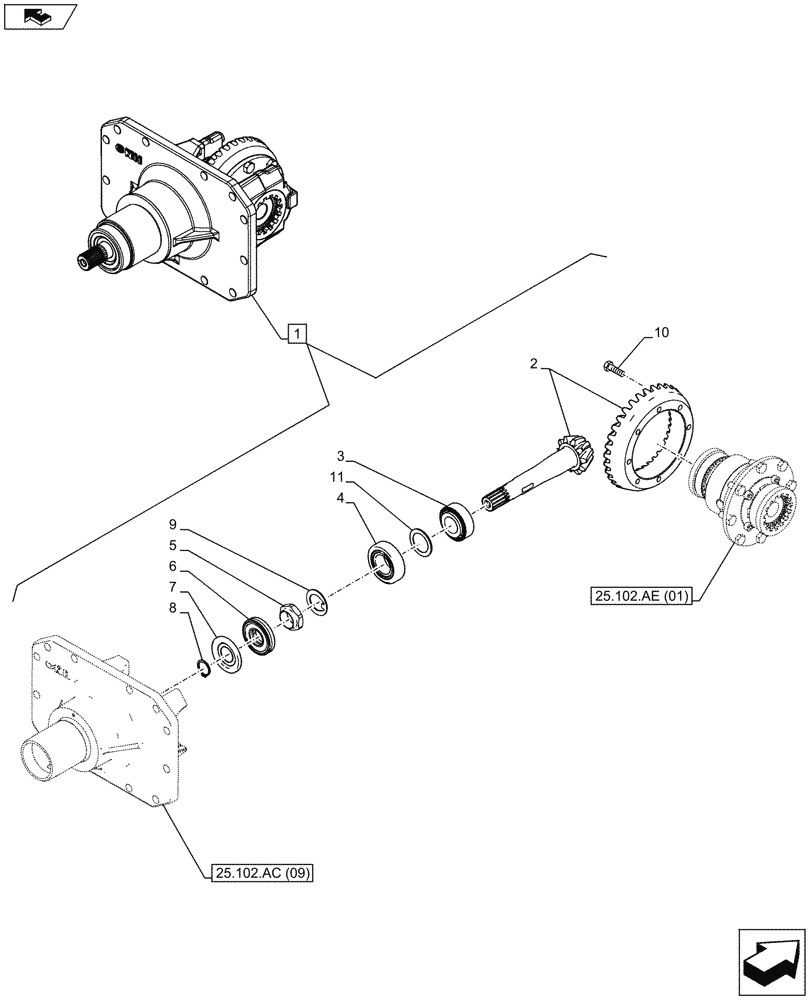 Схема запчастей Case IH MAXXUM 110 - (25.102.AC[10]) - VAR - 330408 - CLASS 4, FRONT AXLE, W/ HYDRAULIC DIFFERENTIAL LOCK, W/ STEERING SENSORS, DIFFERENTIAL, BEVEL GEAR (25) - FRONT AXLE SYSTEM