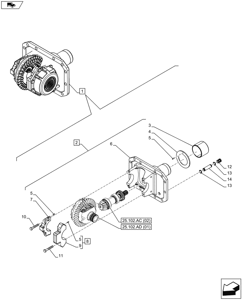 Схема запчастей Case IH MAXXUM 120 - (25.102.AC[01]) - VAR - 390409 - CLASS 3, FRONT AXLE, W/ HYDRAULIC DIFFERENTIAL LOCK, W/ STEERING SENSORS, DIFFERENTIAL, CARRIER (25) - FRONT AXLE SYSTEM