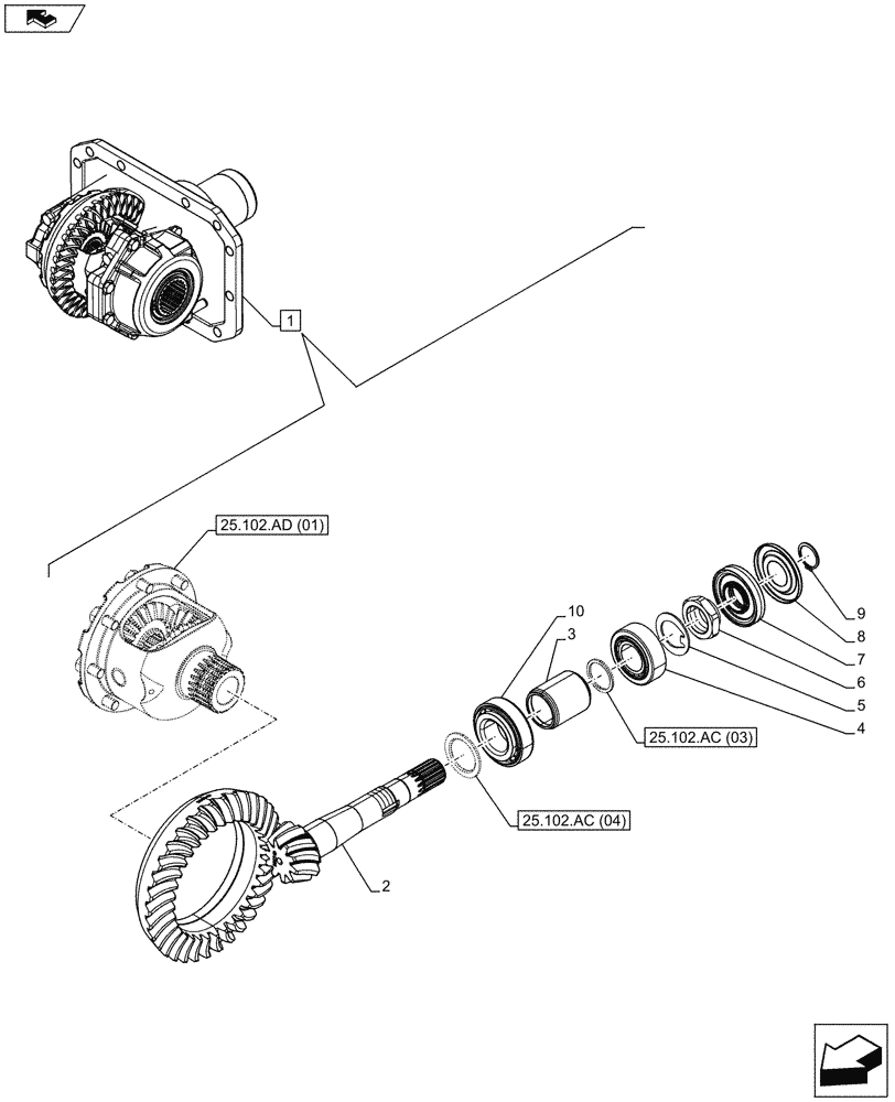 Схема запчастей Case IH MAXXUM 130 - (25.102.AC[02]) - VAR - 390409 - CLASS 3, FRONT AXLE, W/ HYDRAULIC DIFFERENTIAL LOCK, W/ STEERING SENSORS, DIFFERENTIAL, BEVEL GEAR (25) - FRONT AXLE SYSTEM