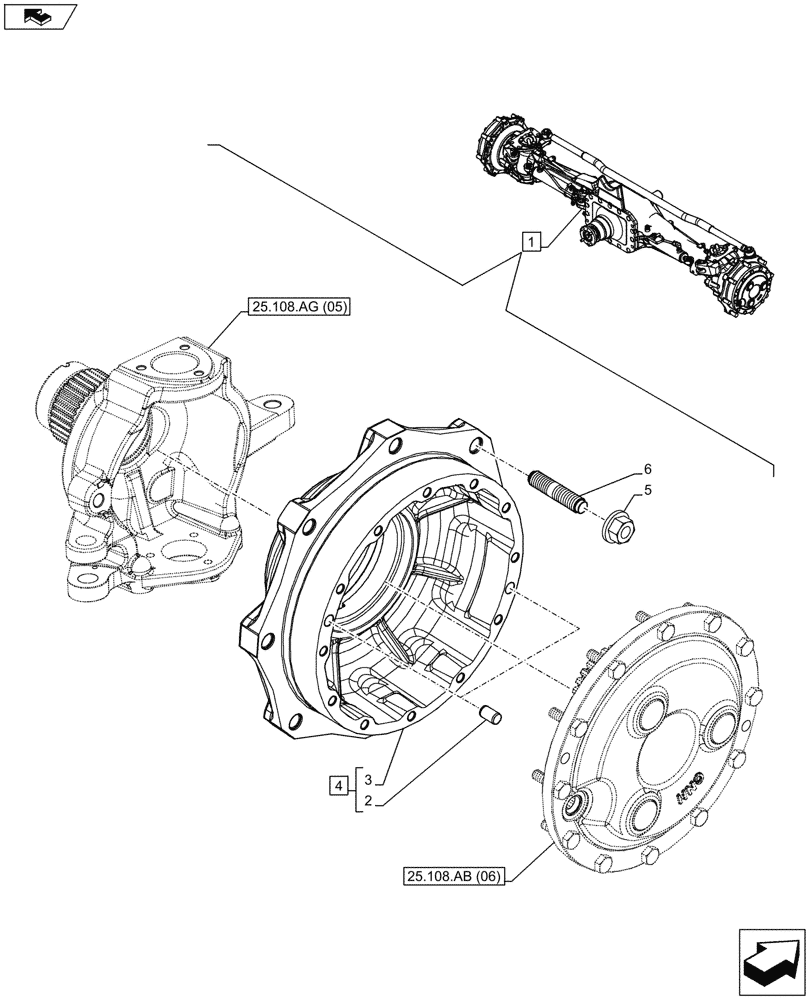 Схема запчастей Case IH MAXXUM 130 - (25.108.AN[05]) - VAR - 330429 - CLASS 4, SUSPENDED FRONT AXLE WITH HYDR. DIFF. LOCK & STRG SENSOR, STEERING KNUCKLE (25) - FRONT AXLE SYSTEM