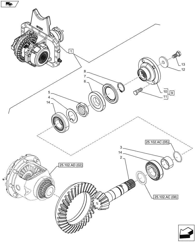 Схема запчастей Case IH MAXXUM 130 - (25.102.AC[07]) - VAR - 330414, 330427 - CLASS 3, SUSPENDED FRONT AXLE WITH HYDR. DIFF. LOCK & STRG SENSOR, DIFFERENTIAL, BEVEL GEAR (25) - FRONT AXLE SYSTEM