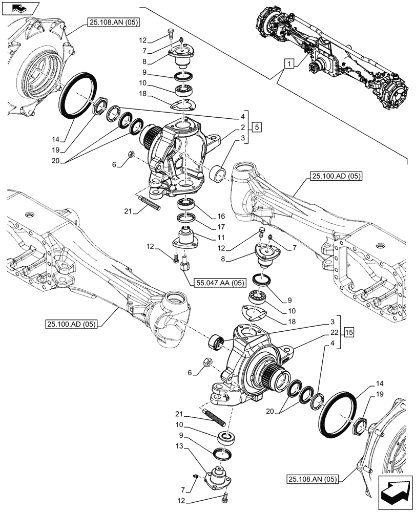 Схема запчастей Case IH MAXXUM 110 - (25.108.AG[05]) - VAR - 330429 - CLASS 4, SUSPENDED FRONT AXLE WITH HYDR. DIFF. LOCK & STRG SENSOR, STEERING KNUCKLE (25) - FRONT AXLE SYSTEM