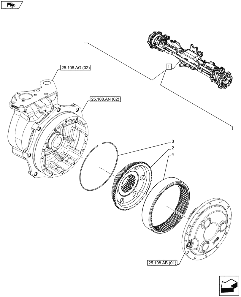 Схема запчастей Case IH MAXXUM 130 - (25.108.AB[03]) - VAR - 330414 - CLASS 3, SUSPENDED FRONT AXLE WITH HYDR. DIFF. LOCK & STRG SENSOR, STEERING KNUCKLE, PLANETARY REDUCER (25) - FRONT AXLE SYSTEM