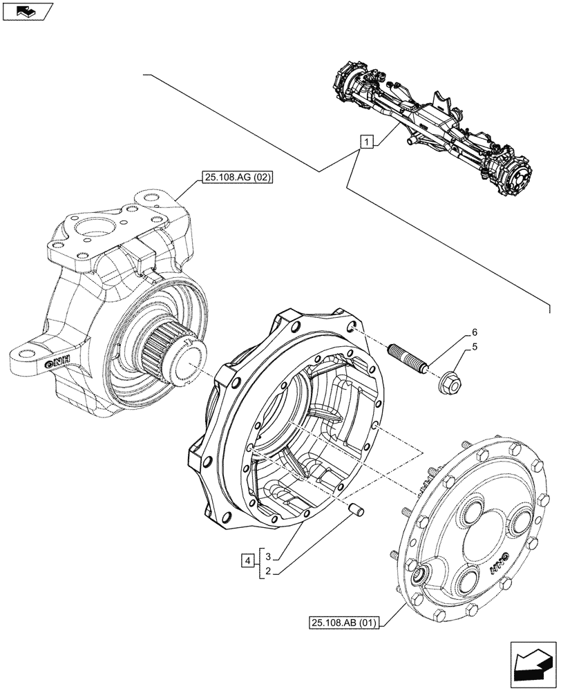 Схема запчастей Case IH MAXXUM 130 - (25.108.AN[02]) - VAR - 330414 - CLASS 3, SUSPENDED FRONT AXLE WITH HYDR. DIFF. LOCK & STRG SENSOR, STEERING KNUCKLE (25) - FRONT AXLE SYSTEM