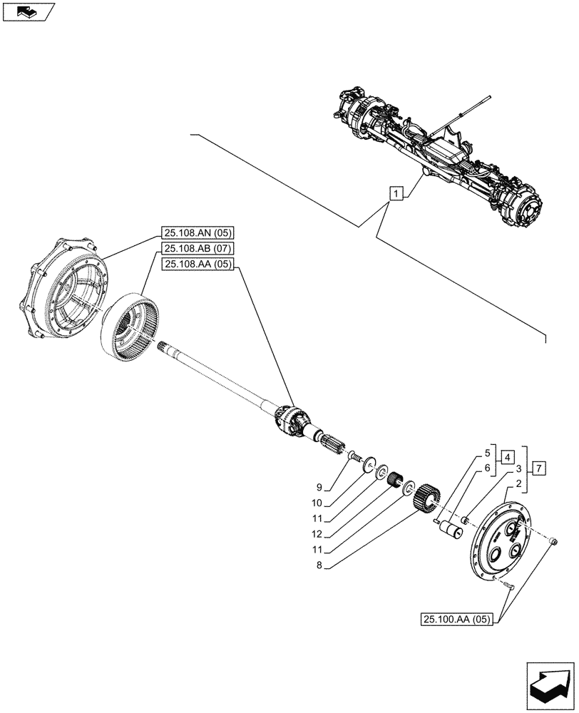 Схема запчастей Case IH MAXXUM 120 - (25.108.AB[06]) - VAR - 330429 - CLASS 4, SUSPENDED FRONT AXLE WITH HYDR. DIFF. LOCK & STRG SENSOR, PLANETARY REDUCER (25) - FRONT AXLE SYSTEM