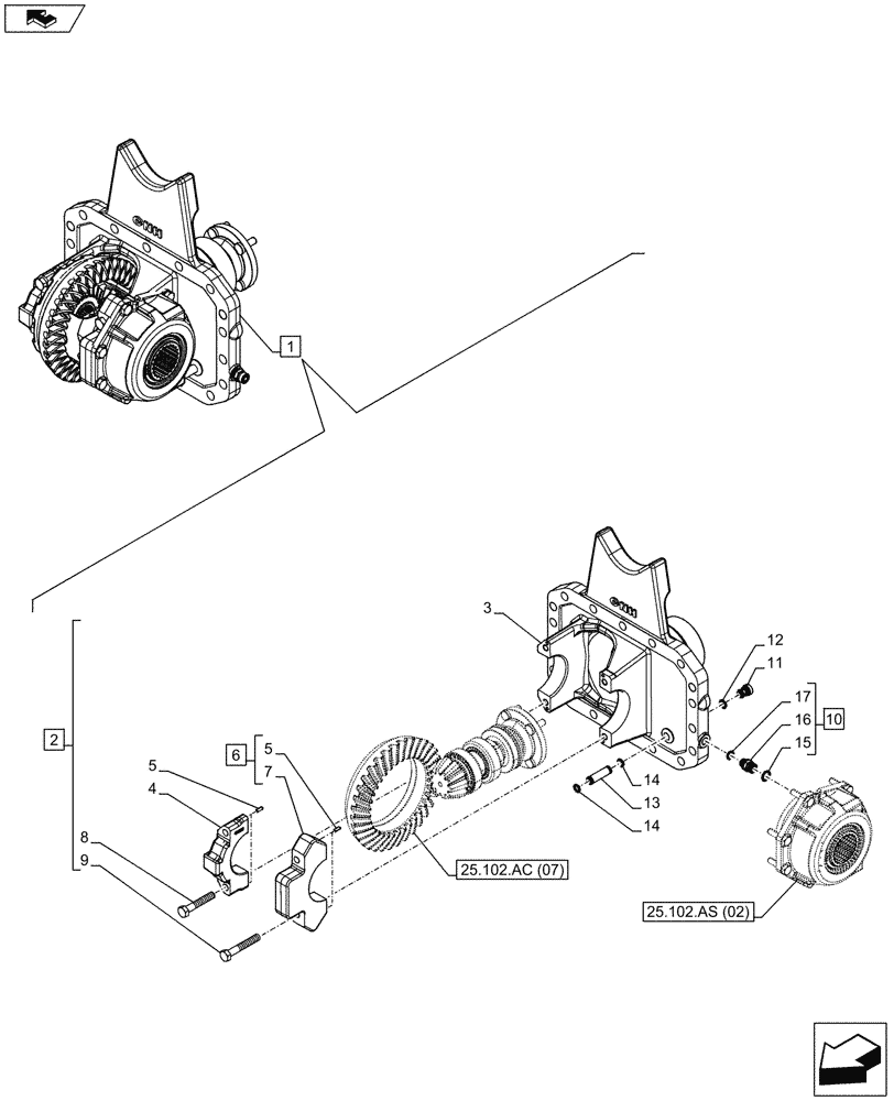 Схема запчастей Case IH MAXXUM 110 - (25.102.AC[06]) - VAR - 330414, 330427 - CLASS 3, SUSPENDED FRONT AXLE WITH HYDR. DIFF. LOCK & STRG SENSOR, DIFFERENTIAL, CARRIER (25) - FRONT AXLE SYSTEM