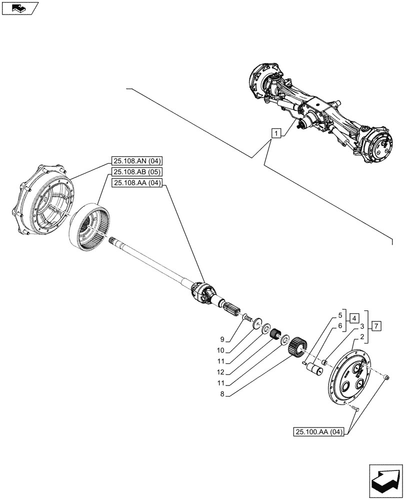 Схема запчастей Case IH MAXXUM 110 - (25.108.AB[04]) - VAR - 330408 - CLASS 4, FRONT AXLE, W/ HYDRAULIC DIFFERENTIAL LOCK, W/ STEERING SENSORS, PLANETARY REDUCER (25) - FRONT AXLE SYSTEM