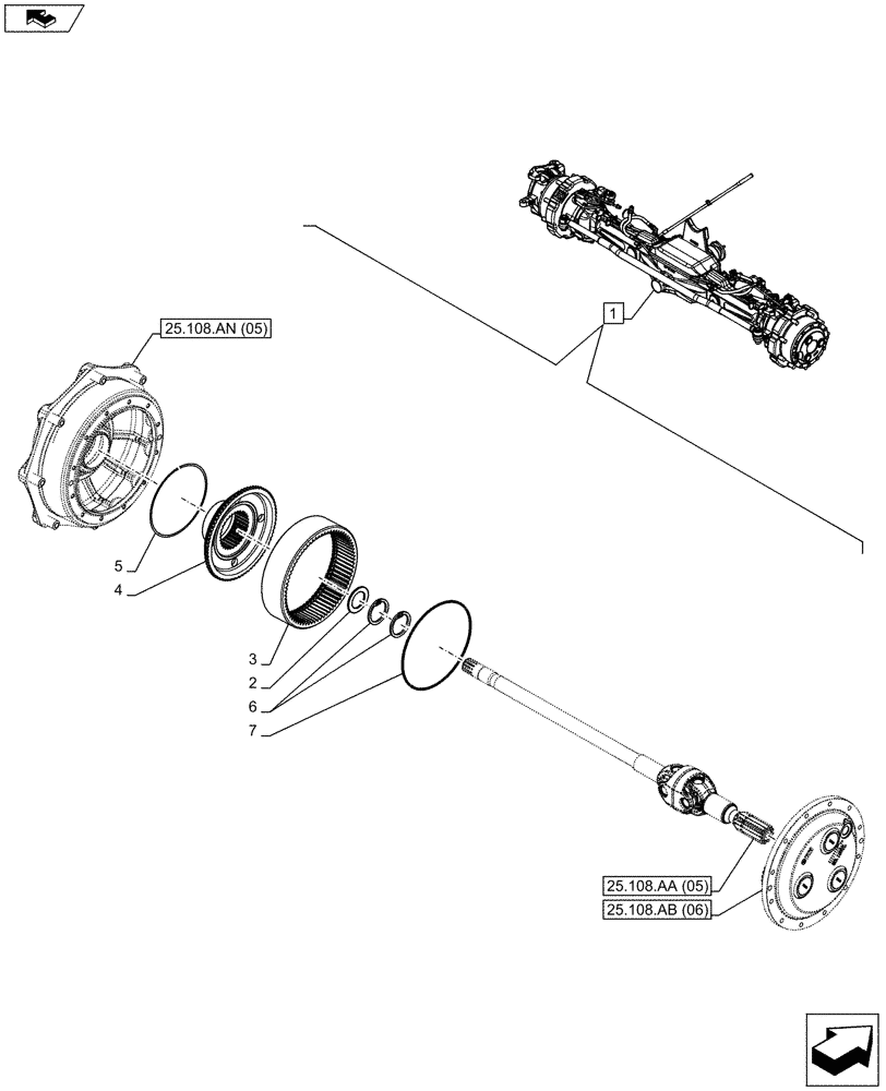 Схема запчастей Case IH MAXXUM 130 - (25.108.AB[07]) - VAR - 330429 - CLASS 4, SUSPENDED FRONT AXLE WITH HYDR. DIFF. LOCK & STRG SENSOR, PLANETARY REDUCER (25) - FRONT AXLE SYSTEM