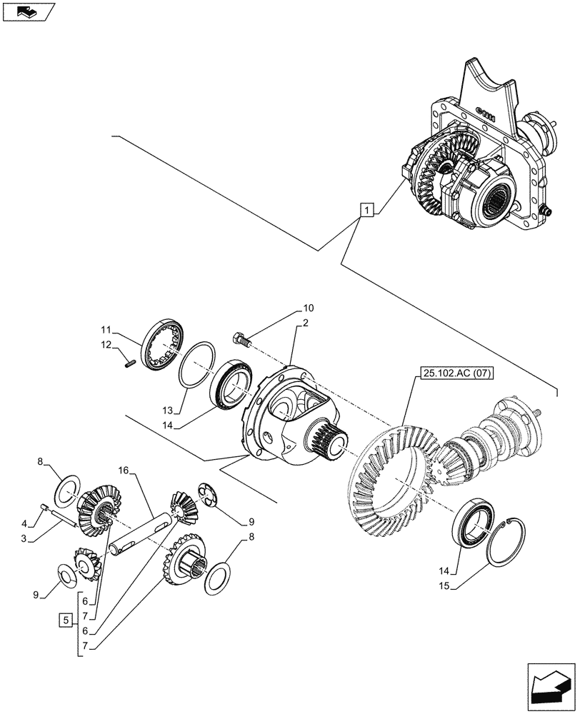 Схема запчастей Case IH MAXXUM 130 - (25.102.AD[02]) - VAR - 330414, 330427 - CLASS 3, SUSPENDED FRONT AXLE WITH HYDR. DIFF. LOCK & STRG SENSOR, DIFFERENTIAL GEAR (25) - FRONT AXLE SYSTEM