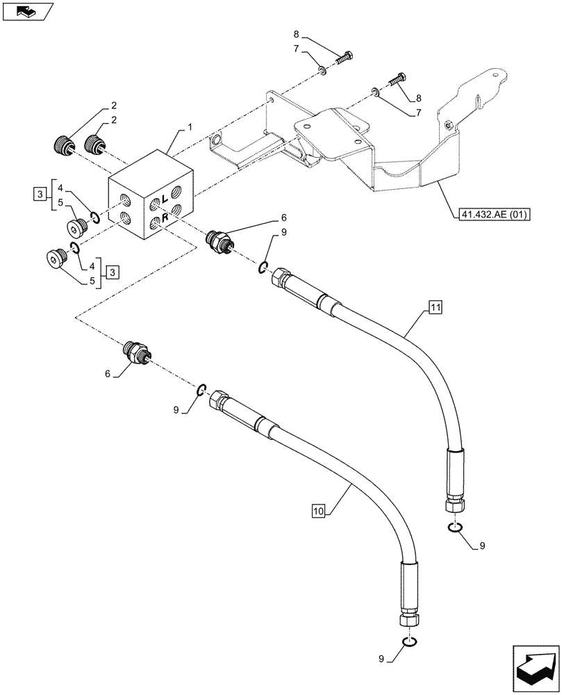 Схема запчастей Case IH MAXXUM 110 - (41.432.AE[03]) - VAR - 332077, 335077, 391658 - AUTOGUIDANCE, VALVE, MANIFOLD, HOSE - END YR 23-NOV-2014 (41) - STEERING