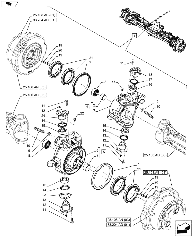 Схема запчастей Case IH MAXXUM 110 - (25.108.AG[03]) - VAR - 330427 - CLASS 3, SUSPENDED FRONT AXLE WITH HYDR. DIFF. LOCK, STRG SENSOR & BRAKES, STEERING KNUCKLE (25) - FRONT AXLE SYSTEM