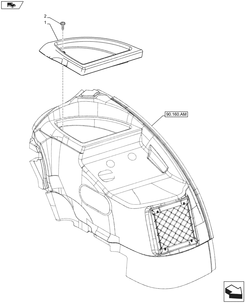 Схема запчастей Case IH MAXXUM 130 - (90.151.AO[02]) - VAR - 330631, 335283, 336631, 390906, 391630, 743723 - CAB TRAY STORAGE, REAR, LEFT SIDE (90) - PLATFORM, CAB, BODYWORK AND DECALS