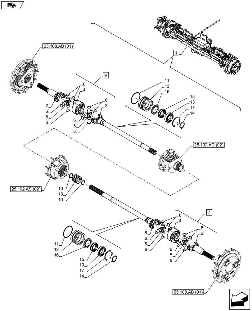 Схема запчастей Case IH MAXXUM 130 - (25.108.AA[03]) - VAR - 330427 - CLASS 3, SUSPENDED FRONT AXLE WITH HYDR. DIFF. LOCK, STRG SENSOR & BRAKES, SHAFT (25) - FRONT AXLE SYSTEM