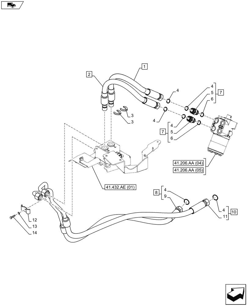 Схема запчастей Case IH MAXXUM 120 - (41.432.AC[01]) - VAR - 332077, 335077, 391658 - AUTOGUIDANCE, VALVE, LINES (41) - STEERING