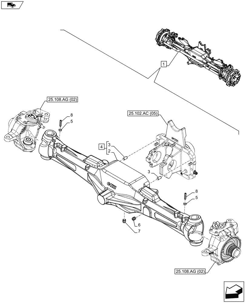 Схема запчастей Case IH MAXXUM 130 - (25.100.AD[02]) - VAR - 330414 - CLASS 3, SUSPENDED FRONT AXLE WITH HYDR. DIFF. LOCK & STRG SENSOR, HOUSING (25) - FRONT AXLE SYSTEM