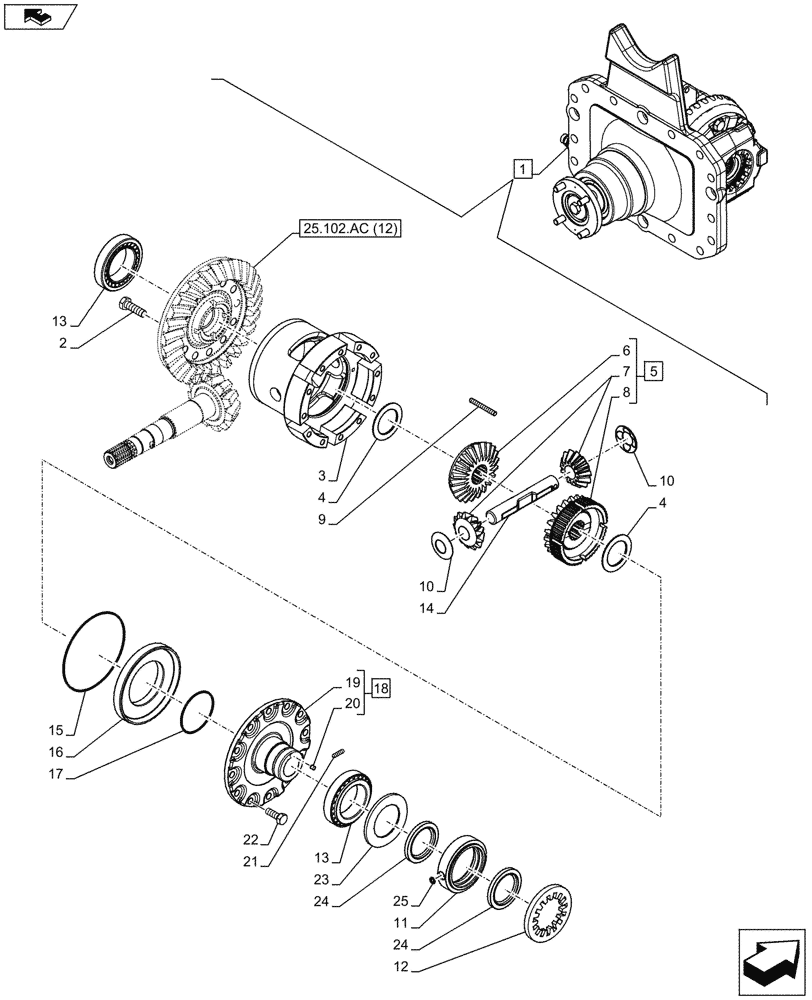 Схема запчастей Case IH MAXXUM 130 - (25.102.AE[02]) - VAR - 330429, 330430 - CLASS 4, SUSPENDED FRONT AXLE WITH HYDR. DIFF. LOCK & STRG SENSOR, DIFFERENTIAL, LIMITED SLIP DIFFERENTIAL (25) - FRONT AXLE SYSTEM