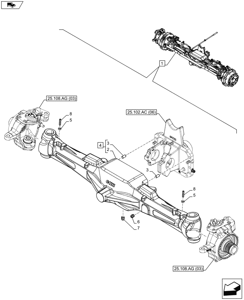 Схема запчастей Case IH MAXXUM 130 - (25.100.AD[03]) - VAR - 330427 - CLASS 3, SUSPENDED FRONT AXLE WITH HYDR. DIFF. LOCK, STRG SENSOR & BRAKES, HOUSING (25) - FRONT AXLE SYSTEM