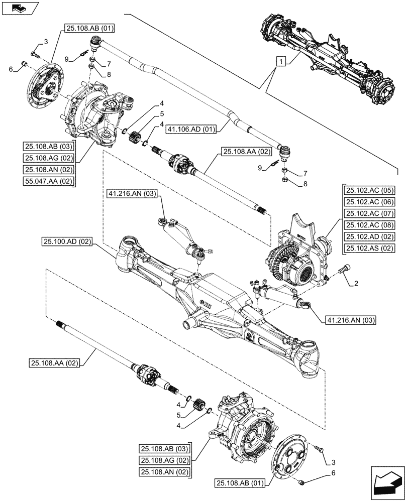 Схема запчастей Case IH MAXXUM 120 - (25.100.AA[02]) - VAR - 330414 - CLASS 3, SUSPENDED FRONT AXLE WITH HYDR. DIFF. LOCK & STRG SENSOR (25) - FRONT AXLE SYSTEM