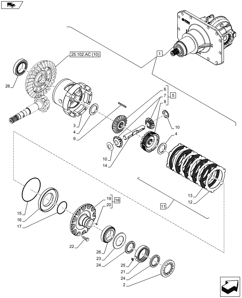 Схема запчастей Case IH MAXXUM 130 - (25.102.AE[01]) - VAR - 330408 - CLASS 4, FRONT AXLE, W/ HYDRAULIC DIFFERENTIAL LOCK, W/ STEERING SENSORS, DIFFERENTIAL, LIMITED SLIP DIFFERENTIAL (25) - FRONT AXLE SYSTEM