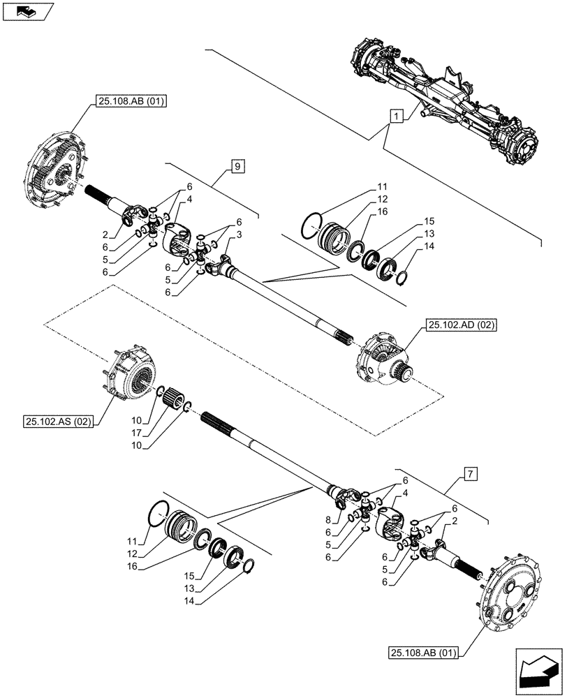 Схема запчастей Case IH MAXXUM 120 - (25.108.AA[02]) - VAR - 330414 - CLASS 3, SUSPENDED FRONT AXLE WITH HYDR. DIFF. LOCK & STRG SENSOR, SHAFT (25) - FRONT AXLE SYSTEM