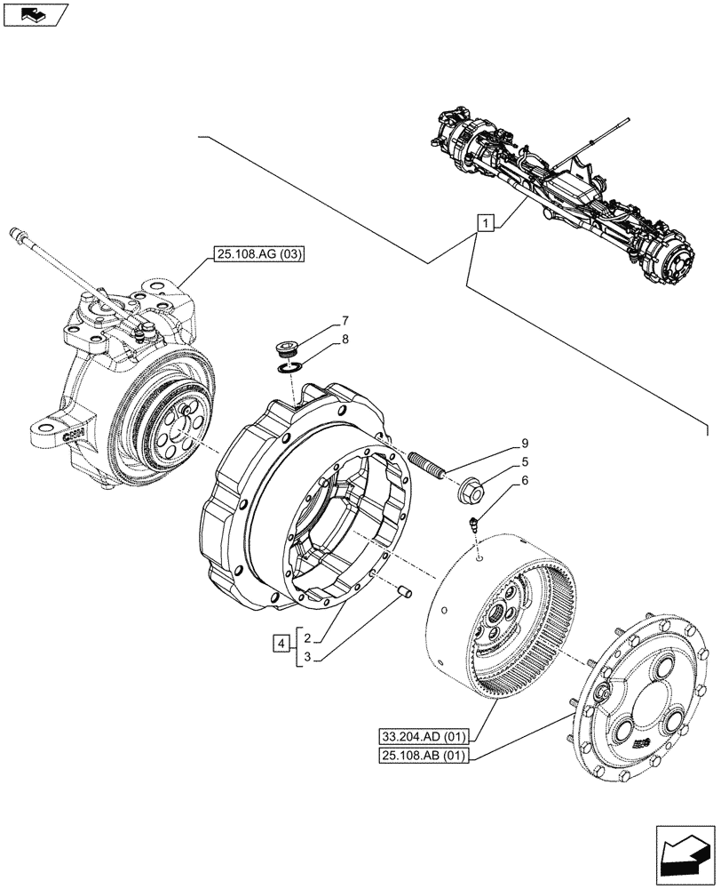 Схема запчастей Case IH MAXXUM 130 - (25.108.AN[03]) - VAR - 330427 - CLASS 3, SUSPENDED FRONT AXLE WITH HYDR. DIFF. LOCK, STRG SENSOR & BRAKES, STEERING KNUCKLE (25) - FRONT AXLE SYSTEM