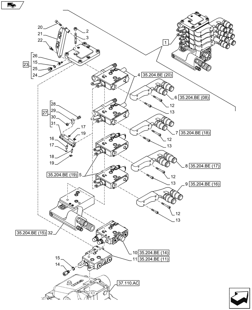 Схема запчастей Case IH MAXXUM 110 - (35.204.BE[21]) - VAR - 336845, 743685 - REMOTE CONTROL VALVE, MECHANICAL, W/ POWER BEYOND (2NC+2C) (35) - HYDRAULIC SYSTEMS