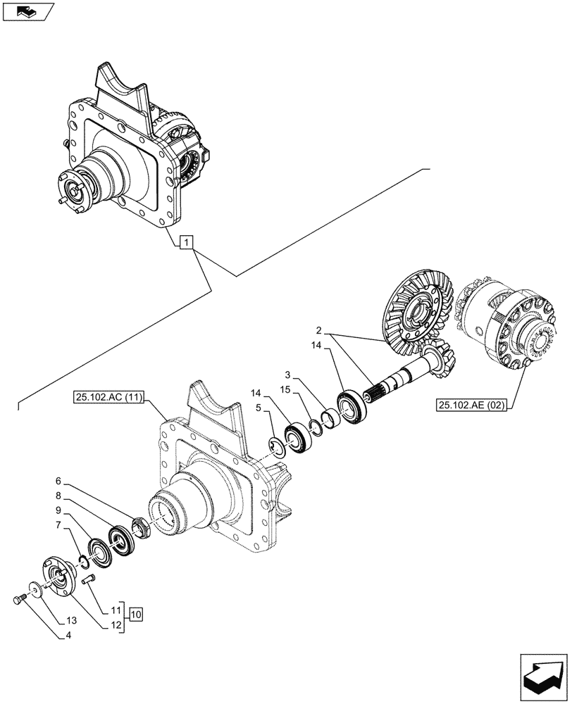 Схема запчастей Case IH MAXXUM 130 - (25.102.AC[12]) - VAR - 330429, 330430 - CLASS 4, SUSPENDED FRONT AXLE WITH HYDR. DIFF. LOCK & STRG SENSOR, DIFFERENTIAL, BEVEL GEAR (25) - FRONT AXLE SYSTEM