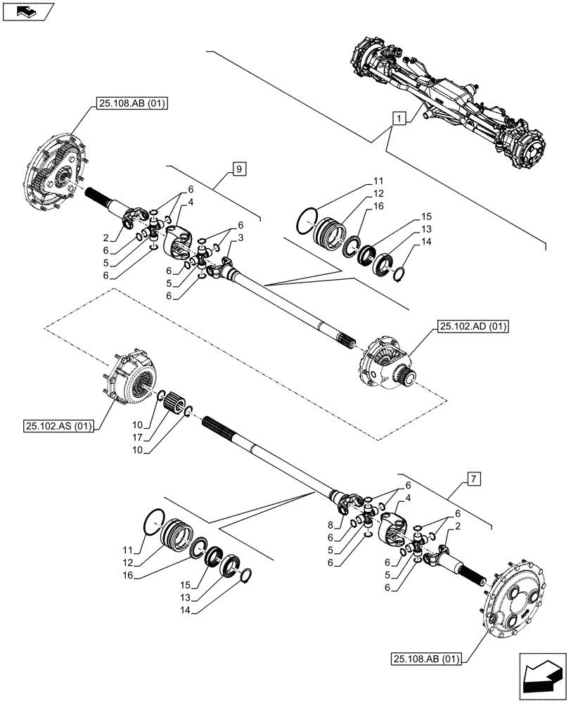 Схема запчастей Case IH MAXXUM 130 - (25.108.AA[01]) - VAR - 390409 - FRONT AXLE, W/ HYDRAULIC DIFFERENTIAL LOCK, W/ STEERING SENSORS, SHAFT (25) - FRONT AXLE SYSTEM