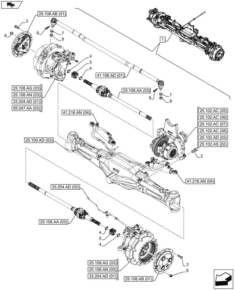 Схема запчастей Case IH MAXXUM 120 - (25.100.AA[03]) - VAR - 330427 - CLASS 3, SUSPENDED FRONT AXLE WITH HYDR. DIFF. LOCK, STRG SENSOR & BRAKES (25) - FRONT AXLE SYSTEM