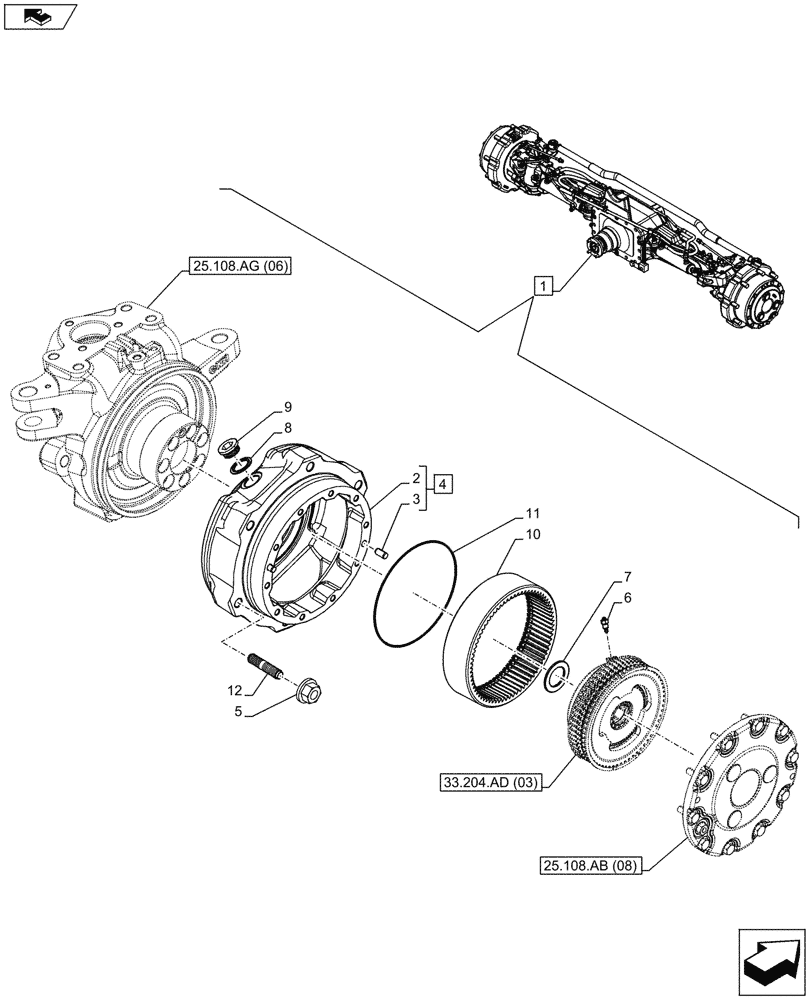 Схема запчастей Case IH MAXXUM 130 - (25.108.AN[06]) - VAR - 330430 - CLASS 4, SUSPENDED FRONT AXLE WITH HYDR. DIFF. LOCK, STRG SENSOR & BRAKES, STEERING KNUCKLE (25) - FRONT AXLE SYSTEM