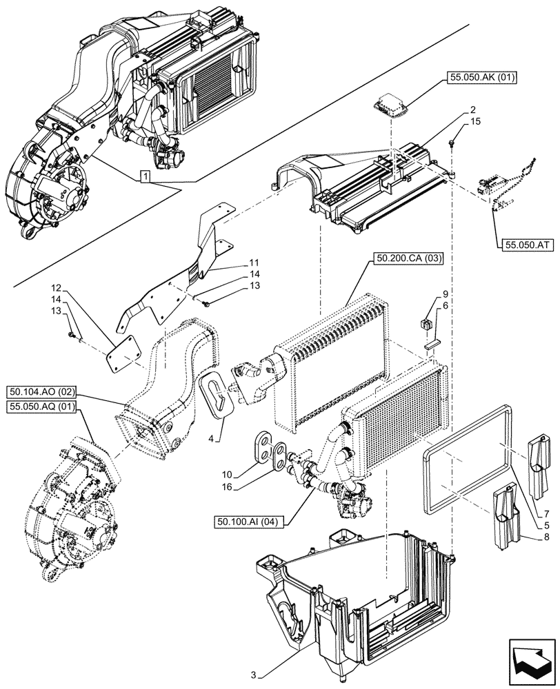 Схема запчастей Case IH FARMLIFT 635 - (50.200.CA[02]) - VAR - 749193 - AIR CONDITIONING, EVAPORATOR, COMPONENTS (50) - CAB CLIMATE CONTROL