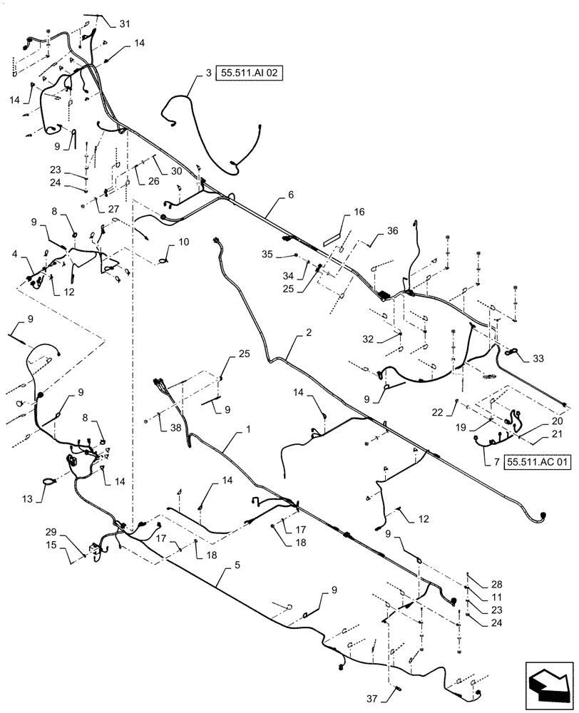 Схема запчастей Case IH PATRIOT 4440 - (55.101.AC[03]) - FRAME WIRE HARNESS LAYOUT, ASN YGT044000 (55) - ELECTRICAL SYSTEMS