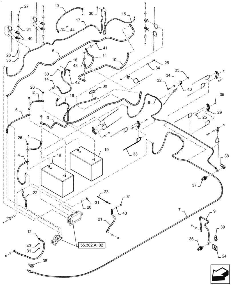 Схема запчастей Case IH PATRIOT 4440 - (55.302.AI[03]) - BATTERY - CABLES, ASN YGT044000 (55) - ELECTRICAL SYSTEMS