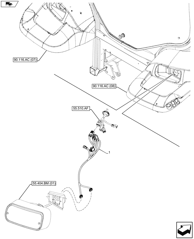 Схема запчастей Case IH MAXXUM 120 - (55.100.BZ[01]) - VAR - 391153, 743777, 338122, 338201, 338202 - REAR FENDER, HARNESS (55) - ELECTRICAL SYSTEMS