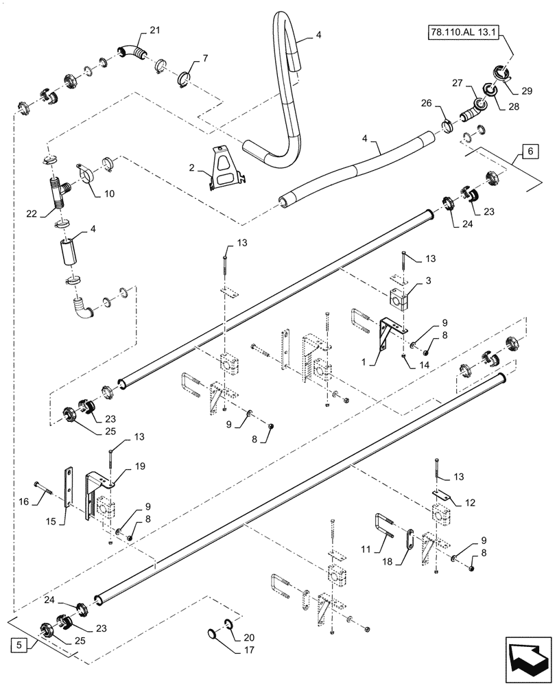 Схема запчастей Case IH PATRIOT 4440 - (78.110.AE[14.2]) - SPRAYBAR, 120, 7 SECTION, 20" SPACING, LH OUTER AND BREAKAWAY, U BOLT SRAYBAR MOUNTS ASN YGT044000 (78) - SPRAYING