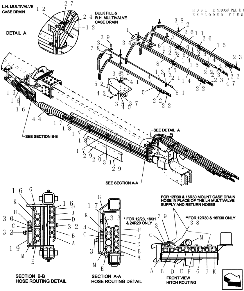 Схема запчастей Case IH 1200PT - (F.10.G[09]) - LAYOUT TWO STAGE HOSE CARRIER ROUTING ALL SIZES (ASN CBJ025654) F - Frame Positioning