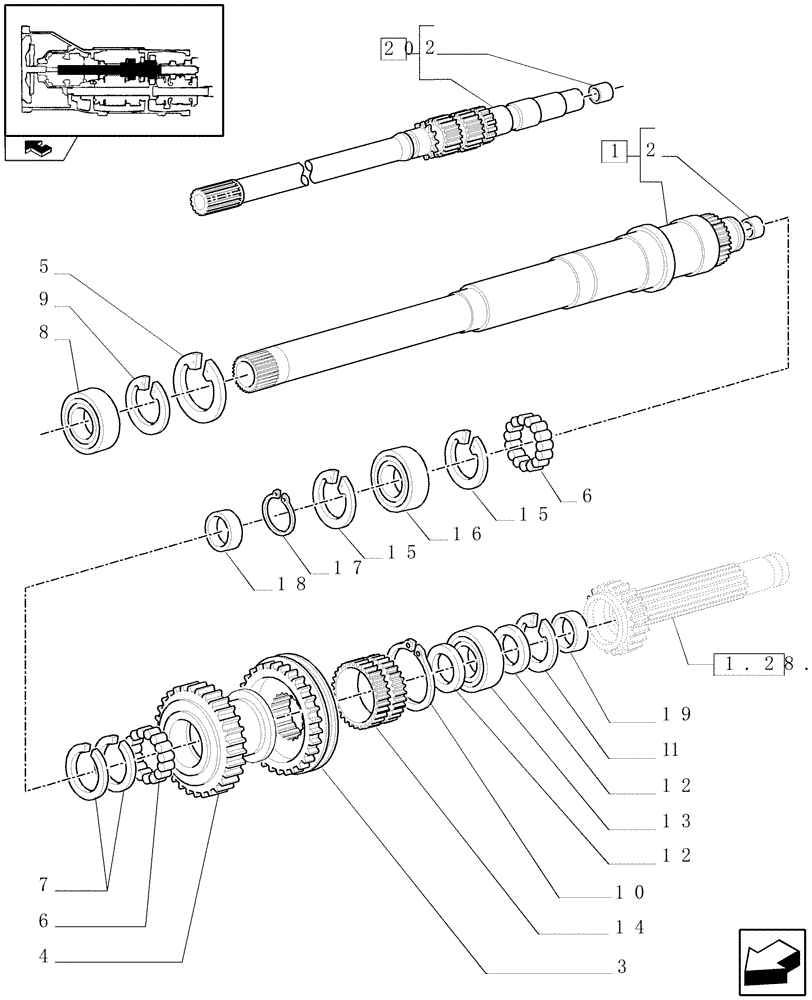 Схема запчастей Case IH FARMALL 105U - (1.28.1[01]) - 12X12 TRANSMISSION - REVERSER SHAFT AND MAIN GEARS (03) - TRANSMISSION