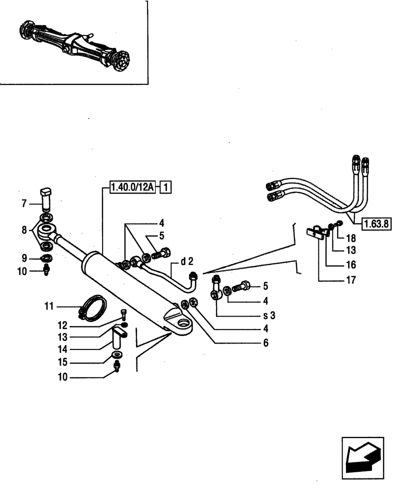 Схема запчастей Case IH JX55 - (1.40.0/12[01]) - FRONT AXLE - POWER STEERING CYLINDER AND PIPES (04) - FRONT AXLE & STEERING