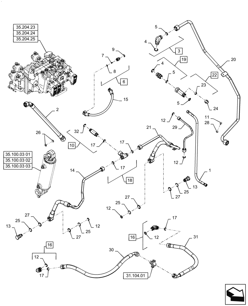 Схема запчастей Case IH MAGNUM 190 - (35.100.04[04]) - LIFTER LINES, LIFTER CYLINDERS PIPES & REMOTE CONTROL VALVES DRAIN, WITH POWERSHIFT TRANSMISSION (35) - HYDRAULIC SYSTEMS