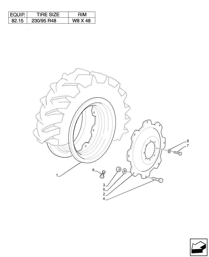Схема запчастей Case IH JX95HC PLUS - (44.511.040) - VAR - 8200000, 8215404 - FRONT, WHEEL (W8X48) (44) - WHEELS