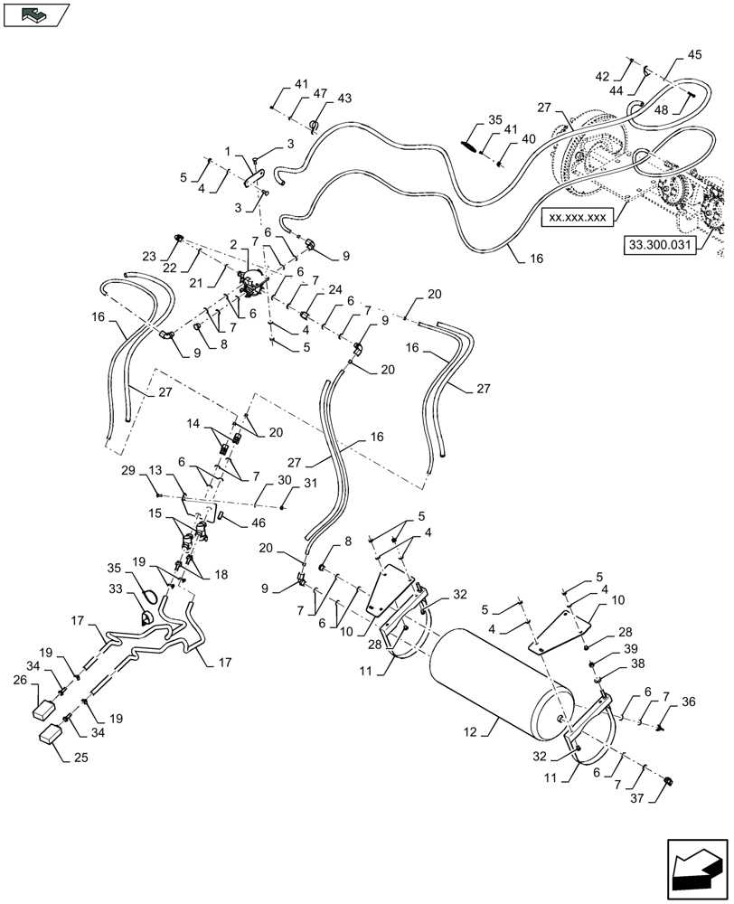 Схема запчастей Case IH LB424S XL - (33.300.045) - PNEUMATIC BRAKE RESERVOIR AND BRAKE VALVE - SINGLE AXLE (33) - BRAKES & CONTROLS